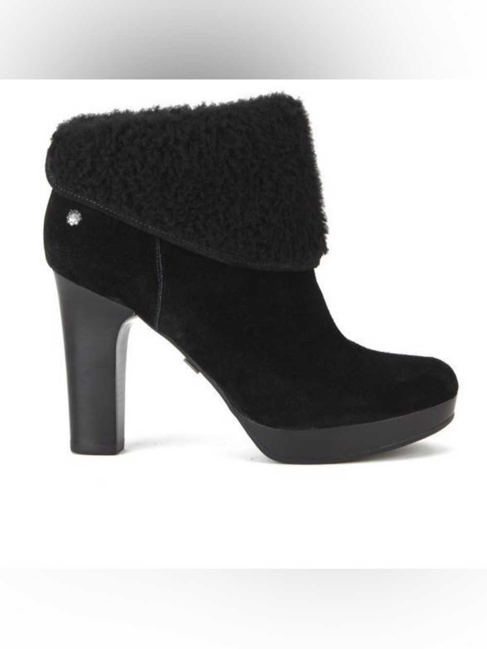 UGG Black Suede Shearling Fold-Over High-Heel Ankle Boots